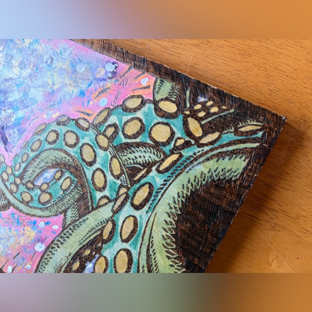 Octopus Tentacle Pyrography on Wood Panel Mixed Media Painting Wall Art 17X9 - Picture 6 of 16